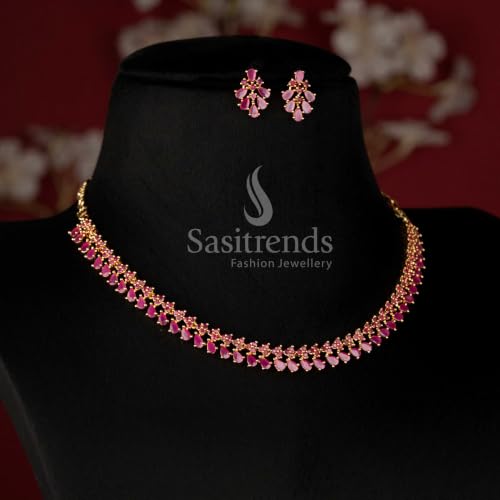 Image of Sasitrends Micro Gold Plated American Diamond Ruby stone Studded Jewellery Set