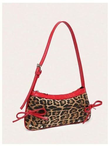 Women's Y2K Cheetah Bowknot Shoulder Handbags Studded Zipper Purse Small Underarm Bags2