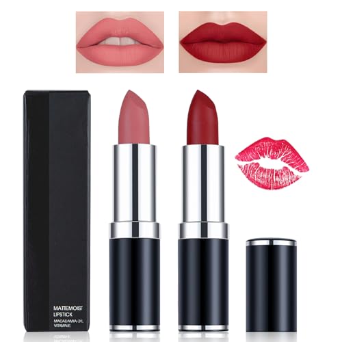 Likesing 2 Piezas Pintalabios Permanente Rojo Labiales Mate Larga Duracion Labial Lip Tint Gloss Stain Brillo Tinta Barra de Labios Tinte Labios Lipstick Set Kit Maquillaje Mujer Regalo Cumpleaño