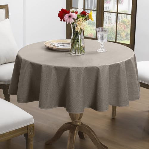Romanstile Nappe en toile cirée ronde 140 cm Marron moka Avec ourlet Aspect lin Résistant Imperméable et facile à nettoyer Pour extérieur, balcon, automne