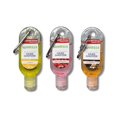 Anti-Bacterial Hand Sanitizer Gel 2x Advanced Refreshing Flavors Travel Hand Sanitizer Kills 99.99% Germs Quick-Dry Gel with clip Bottle 30ml (PACK of 3) (Lemon - Strawberry - Vanilla)