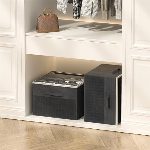 Image of Aokeyee Shoe Organizer for Closet,2 Pack Foldable Shoe Storage Organizer Box Bin with Adjustable Dividers and Clear Cover, Fits up to 16-32 Pairs