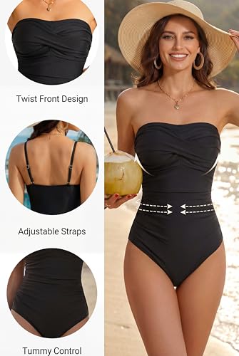 Image of Smismivo Tummy Control Swimwear Strapless One Piece Swimsuit Ruched Bathing Suits for Women Slimming Bandeau Tube Top Bikini