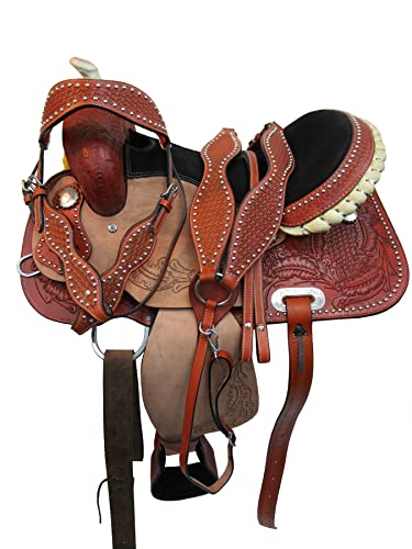 Western Saddle Barrel Racing Horse Pleasure Trail Floral Tooled Leather Rodeo Cowboy Tack Set 15 16 17 18 (Oak Tooled, 15) #TOP1