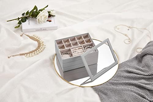 Vlando Jewellery Organiser Tray with Glass Lid, Set of 3 Medium Stackable Display Trays Storage for Earring Ring Necklace Watches for Mother Women Girls (Grey)