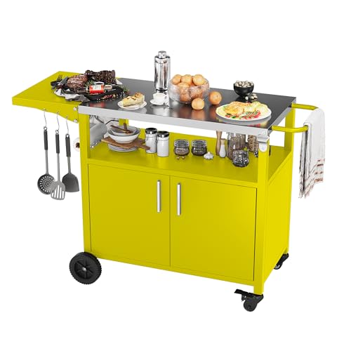 JY QAQA Outdoor Grill Cart with Storage,Patio Kitchen Island Outdoor Grill Table with Wheels,BBQ Cart Movable Pizza Oven Table Stand, Storage Cabinet, Foldable Tabletop, Yellow