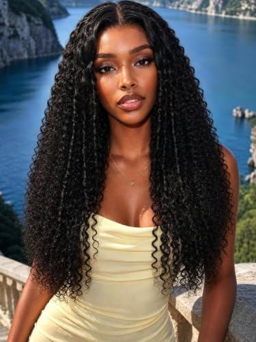 KLAIYI Bye Bye Slip™ Afro Kinky Curly Precut 7x5Lace Front Wigs Human Hair Glueless Pre Plucked Bleached Knots Drawstring Bouncy Curls Ready to Wear and Go Wig with Finger Coil Ends 180%Density 28Inch
