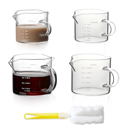 WATUNID 4 filiżanek do espresso ze szczotką, 75/150 ml, kubek z miarką, szklany z podwójnym dziobkiem i skalą, uchwytna