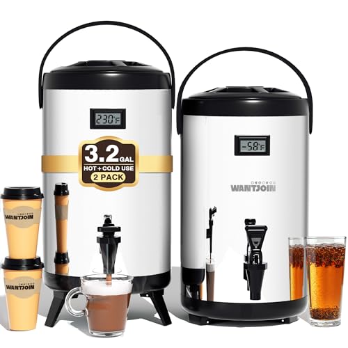 Image of WantJoin Insulated Beverage Dispenser- 2-pack Thermal Hot and Cold Beverage Dispenser Stainless Steel 12L /3.2Gal Hot Drink Dispenser with Spigot for Hot Tea&Coffee, Cold Milk, Juice, Silver