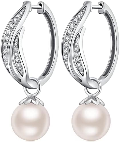 Jiahanzb 18K White Gold Plated Pearl Earrings from Austria 925 Sterling Silver Earrings Hypoallergenic Pearl Drop Earrings Fine Jewelry Gift for Women
