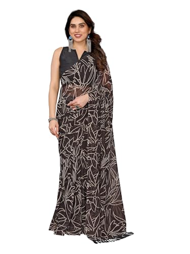 RAJESHWAR FASHION WITH RF Women's Ready to wear printed georgette saree with tassles on pallu(readymade pleated pre drape stitched One Minute Brown)