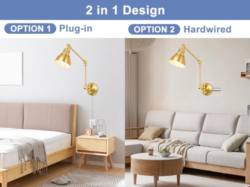 Image of 1 Pack Plug in Wall Sconce with Remote, Dimmable, Adjustable Colors, Swing Arm Wall Lamp, Plug in Wall Light with Timer & Night Light (Gold, with Bulb+Remote)