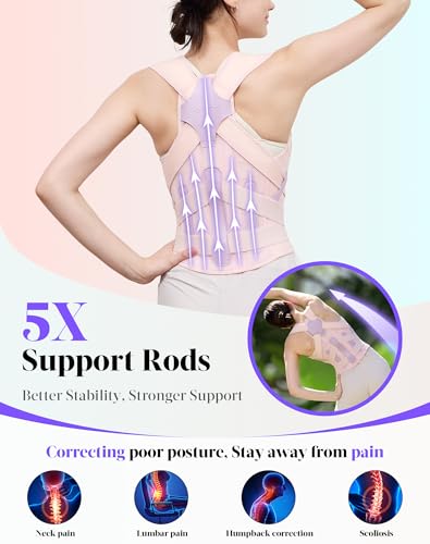 Image of Kepwaa Posture Corrector for Women and Men, 5 Full Back Support Brace Rods, Adjustable Shoulder Straightener, Relief for Upper and Lower Back, Neck, Lumbar, Scoliosis, Hump, Pink, Medium