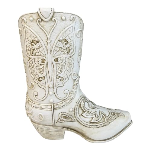 Top Brass Butterfly Boot Vase – Resin Cowboy/Cowgirl Boot Decor - Antique White Finish, Tooled Leather Look, Protective Pads, Modern Rustic Western Flower Holder, 7” Tall