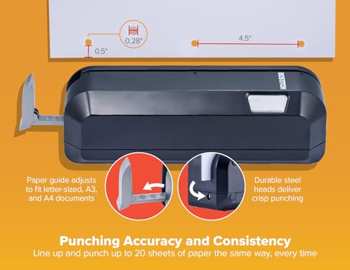 Electric 3-Hole Punch for Office Use, Heavy Duty, 20 Sheet Capacity, Dual Paper Loading, Jam-Free - Black