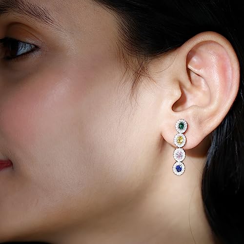 Multicolored Created Sapphire Dangle Earrings, Aaaa Quality, Bridal Wedding Earrings For Women, 14K Yellow Gold #TOP2