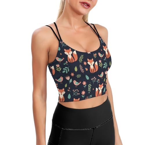 Casual Support Yoga Bra Colorful Fall Leaves Fox Pattern, Padded Gym Running Workout Tank, Wirefree Sports Top for Women & Girls
