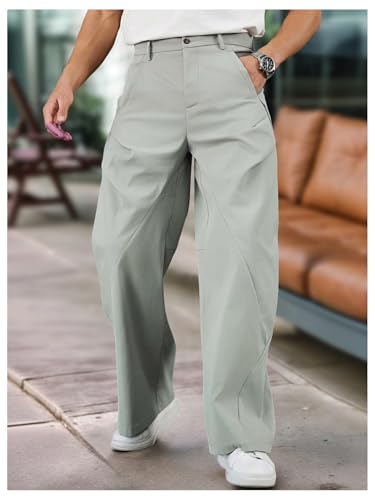 OYOANGLE Men's Wide Leg Pants Zipper Fly Ruched Work Office Casual Slacks Trousers with Pocket4