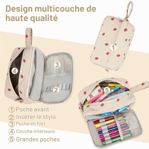 LEDAOU Trousse à crayons, grande capacité, avec fermeture éclair, fournitures scolaires pour adolescentes et filles, jambe de fraise, 22 x 12 x 9 cm, Trousse d'écolier – vue 4