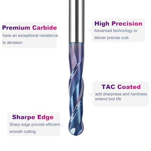 Image of SpeTool Ball Nose CNC Spiral Router Bits, Double Flutes Carbide End Mill 1 /4 Inch Shank with TAC Coating, 3 inch Over Length