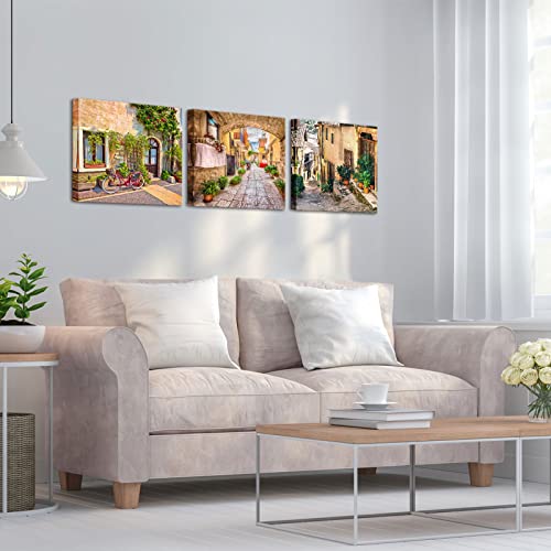 Ouelegent 3 Pieces Mediterranean Canvas Wall Art Prints Vintage Italy Village Landscape Modern Colorful Painting For Bedroom Living Room Bathroom Home Decoration Ready To Hang 12"X12"X3 Pcs #TOP4