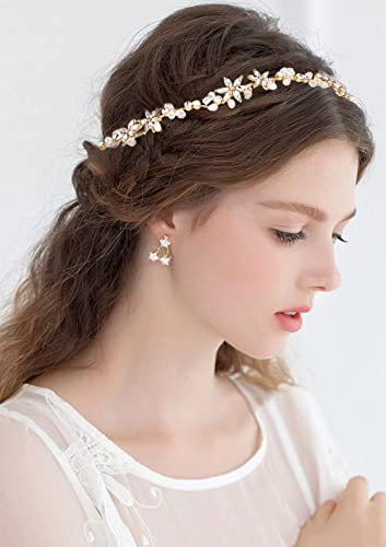 Bandeau Argent Cristal de Mariage, BetterJonny Bijoux de Cheveux Perle de Mariée Perle Strass Bandeau de Mariage Cheveux avec Ruban pour Mariage/Soirée /Anniversaire(Or) Cover