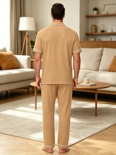 Image of Mens Pajamas Set Short Sleeve Sleepwear Button Down Loungewear Set Soft Modal 2Pcs Pj Set with Pockets S-3XL