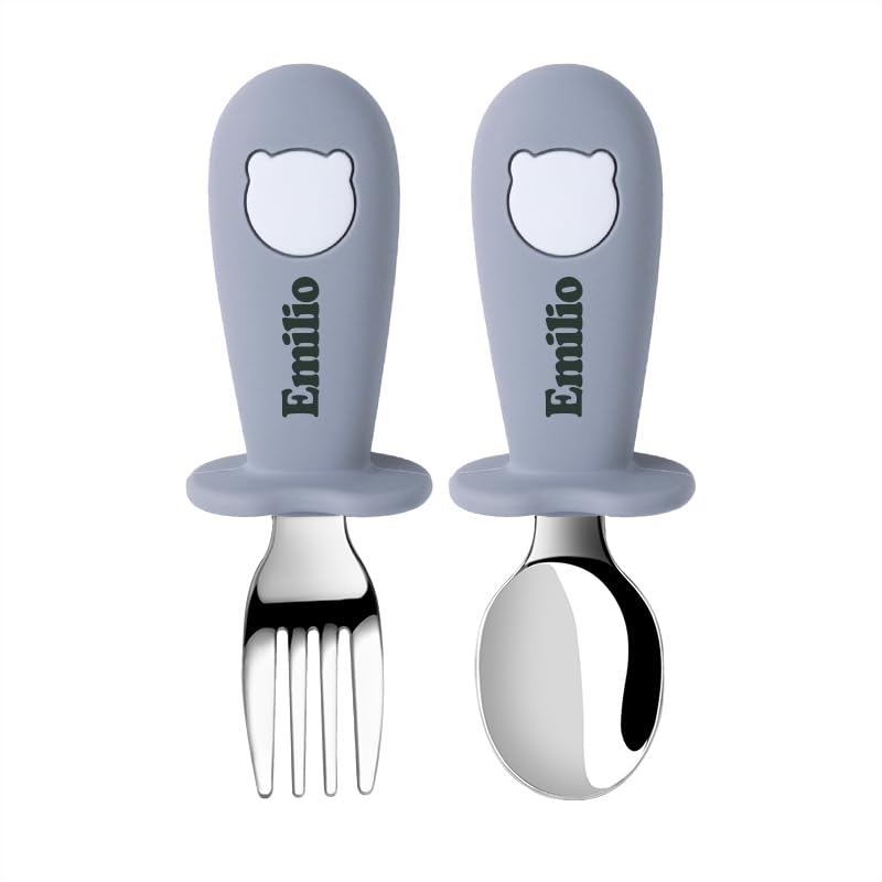 TYRY.HU Personalised Spoon and Fork Set Learn to Use Toddler Cutlery Splash Toddler Customized Name Cutlery Set BabyLed Weaning Supplies 2 Piece