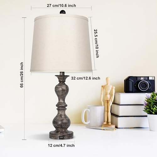 Yehkhey Table Lamps Set Of 2 With Usb Charging Port Fabric Lampshade Table Lamp For Nightstand Rotary Switch E26 Bulb Base, Resin Base Bedside Lamps For Bedroom, Living Room (Bulbs Not Included) #TOP2