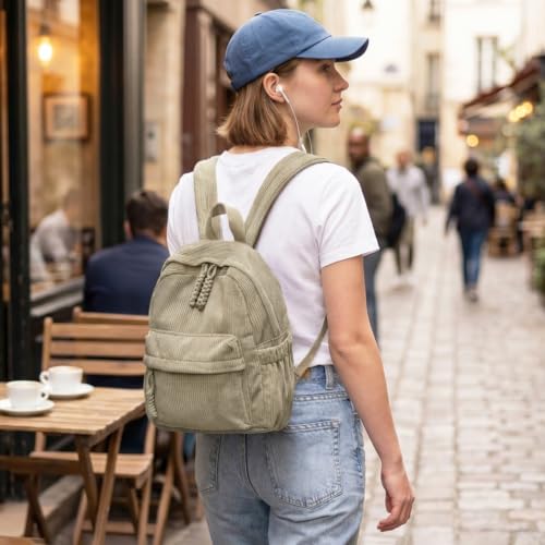 Boziee Petit sac à dos unisexe en velours côtelé pour l'école, les voyages, le travail., kaki, Petit, Moderne et décontracté – vue 2