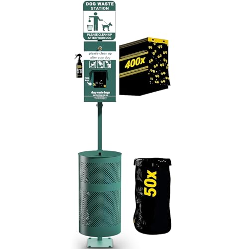 Flash Furniture Kessler Pet Waste Station with Glow in the Dark Sign, Bag Dispenser, Sanitizer Bottle, Trash Can - Includes 400 Pull Out Bags & 50 Can Liners, Green