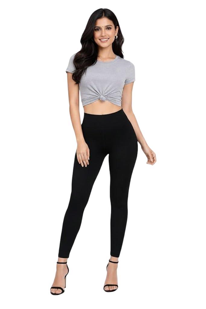 lehopes Women’s Black Ankle Leggings | High Rise Cotton Blend Stretchable Bottom Wear | Non See Through Comfortable Fit for Yoga Gym Lounge Casual & Everyday Wear-picture-18