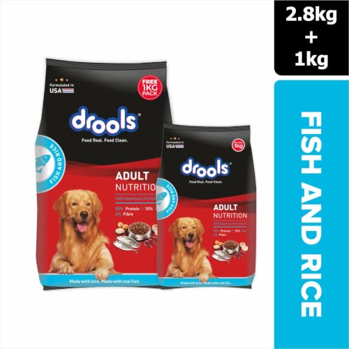 Image of Drools Adult Dry Dog Food 2.8kg + 1kg (Free) | Fish and Rice Flavour | Fish & Rice Formula | Gentle on Gut | Helps Maintain Strong Muscles and Vitality | Organic Chelated Minerals