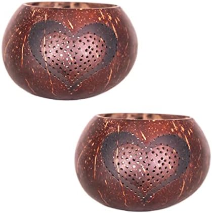 Rainforest Bowls Set of 2 Love Coconut Tea Light Candle Holders- Ideal for Hosting Parties, Dining, Wedding Favors, Relaxing, Gifting, Decor- Handcarved by Artisans, Eco-Friendly & Sustainable