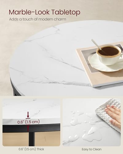 VASAGLE Coffee Table, Living Room Table, Sofa Cocktail Table Faux Marble Round, Tempered Glass Storage Shelf, Easy to Assemble, Modern Style, for Living Room, Marble White and Ink Black LCT072W13 - Image 5