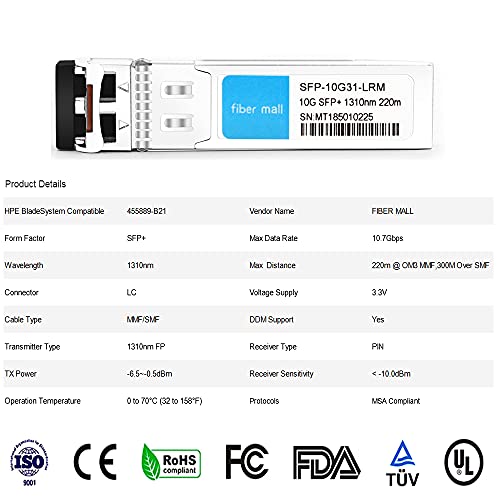 Image of SFP 10G LRM for HPE BladeSystem 455889-B21 Fiber OPrtic Transceive Module 10GBASE-LRM SFP+ 1310nm, 220m Over OM3 MMF, 300m Over SMF LC DOM