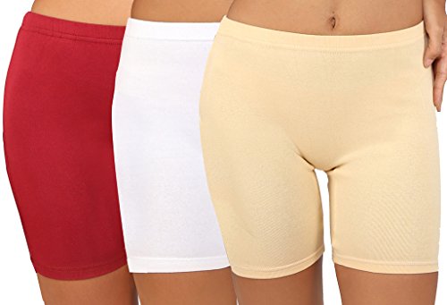 Image of Bralux Cycling Shorts for Women, Girls with Cotton Spandex Set of 3 - Multi Colour Rib Shorts