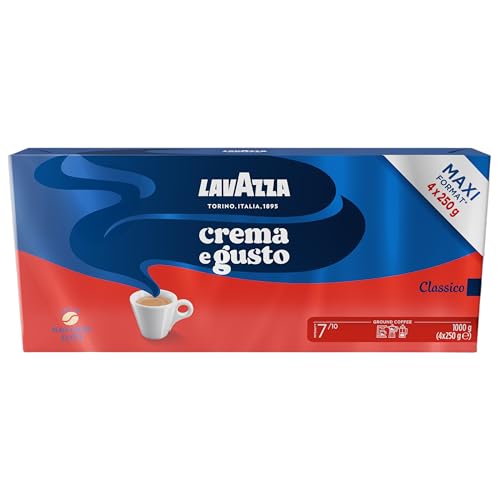 Lavazza, Crema e Gusto Classico, Café Molido Natural, 4 x 250 g, para Cafetera Italiana, de Filtro y Francesa, con Notas de Especias, Arábica y Robusta, Intensidad 7, Tueste Oscuro, Amazon Exclusive