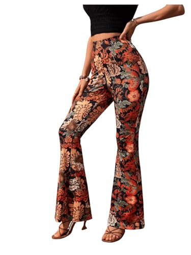 Floerns Women's Elastic High Waist Floral Print Flare Leg Summer Pants