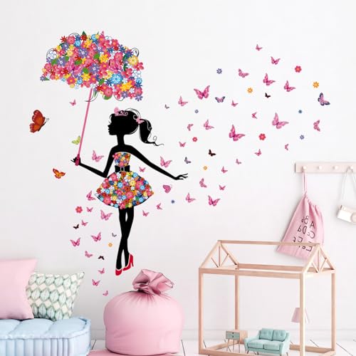 Tanlaby Flower Fairy Wall Stickers, Girl with Umbrella Colorful Butterfly Floral Wall Decals - Image 2