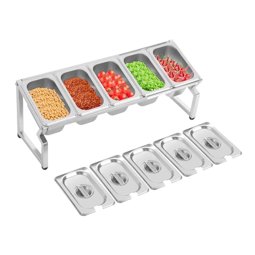 Station de garniture de pizza en inox avec 8 bacs amovibles et couvercles