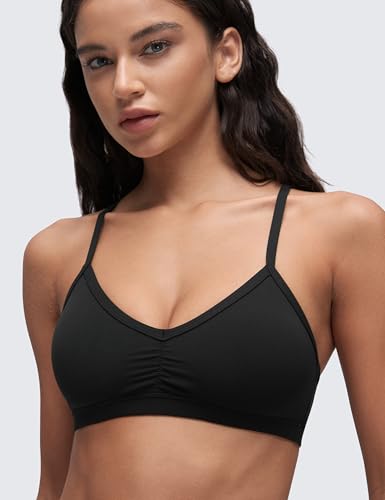 CRZ YOGA Butterluxe Womens Ruched V Neck Sports Bra - Y Back Spaghetti Thin Strap Wireless Padded Yoga Crop Top4