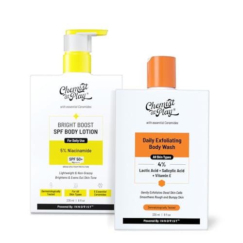 Image of Chemist At Play Bright Boost SPF Body Lotion & Exfoliating Body Wash Combo | 5% Niacinamide, SPF 50+ PA++++ | Removes Tan & Fights Acne | 24-Hour Moisturization | For Men & Women | 236ml Each