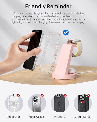 Image of Anlmz 3 in 1 Charging Station for iPhone, Wireless Charger for iPhone 17 16e 16 15 14 13 12 11 X Pro Max & Apple Watch - Charging Stand Dock for AirPods (Pink)