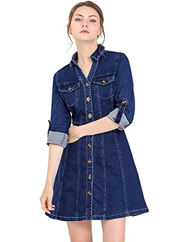 Allegra K Women s Denim Button Down Collar V-Neck Roll Up Sleeve Shirt Dress Medium Deep Blue