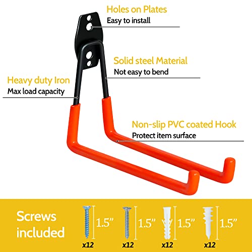 Wmk Garage Hooks 6 Pack Wall Storage Hooks Heavy Duty Steel Tool Hangers For Utility Organizer, Wall Mount Holders For Garden Lawn Tools, Ladders, Bike (Orange) #TOP2