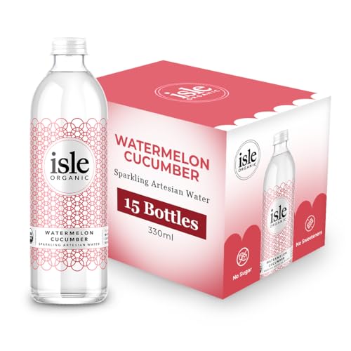Isle Organic Ultra Low-Calorie Organic Sparkling Water, Watermelon & Cucumber, No Added Sugar, Soft Drink Alternative 15x350ml Glass Bottles