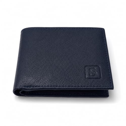 Image of SOVANO Genuine Leather Wallets for Man Original Bi Fold Slim Mens Wallets Design with RFID Protection ID Window Easy Access 6 Card Slots 2 Hidden Pockets Compact Gift for Men (Navy Blue)