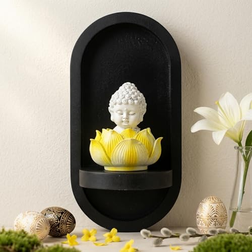 Image of eCraftIndia White Lord Buddha Idol in Yellow Lotus Base | Baby Buddha Statue for Car Dashboard Office Home Decor | Gift for Diwali Housewarming Birthday