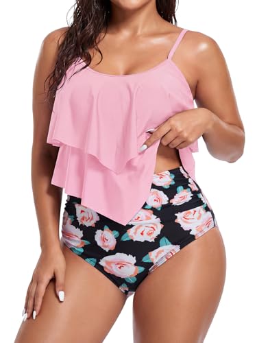 Image of Bathing Suits for Women High Waisted Swimsuits Tummy Control Two Piece Tankini Ruffled Top with Swim Bottom Bathing Suits